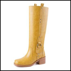 Knee High Boots Chunky Heel Square Toe Pull On Biker Riding Fashion Boots